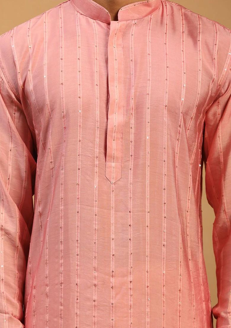 Pink Embroidered Poly Blend Kurta Set For Men
