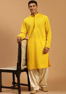Yellow Ethnic Motifs Poly Blend Kurta Set For Men