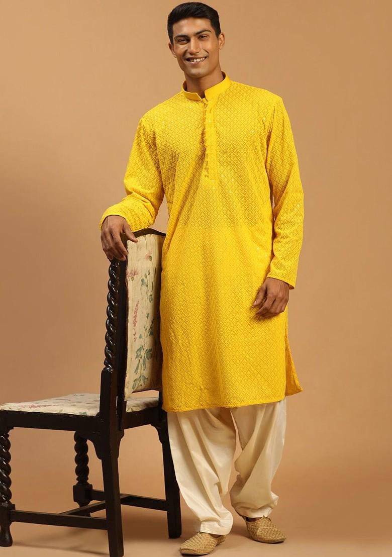 Yellow Ethnic Motifs Poly Blend Kurta Set For Men