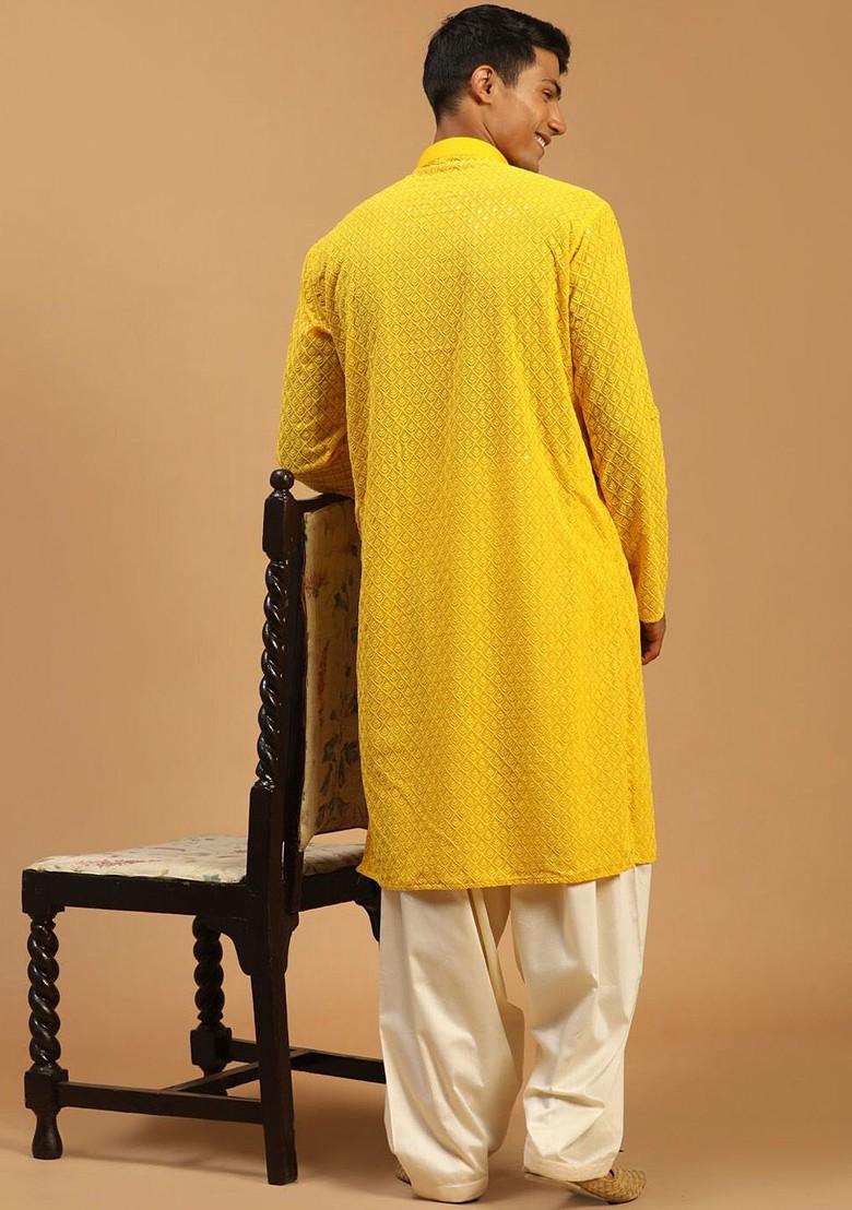 Yellow Ethnic Motifs Poly Blend Kurta Set For Men