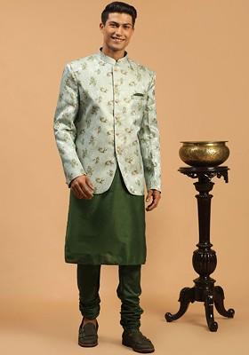 Green Solid Poly Blend Kurta Set For Men