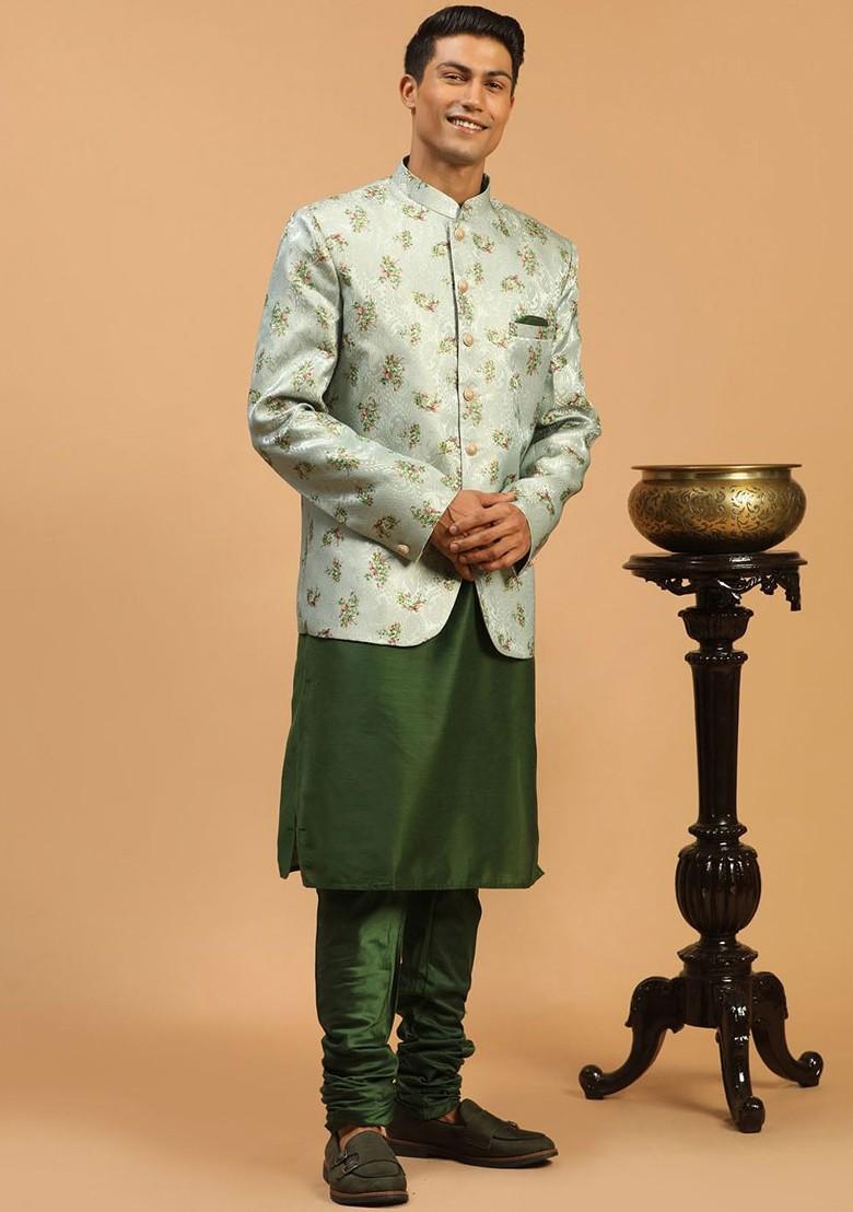 Green Solid Poly Blend Kurta Set For Men
