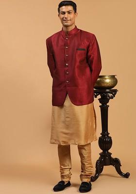 Rose Gold Solid Poly Blend Kurta Set For Men
