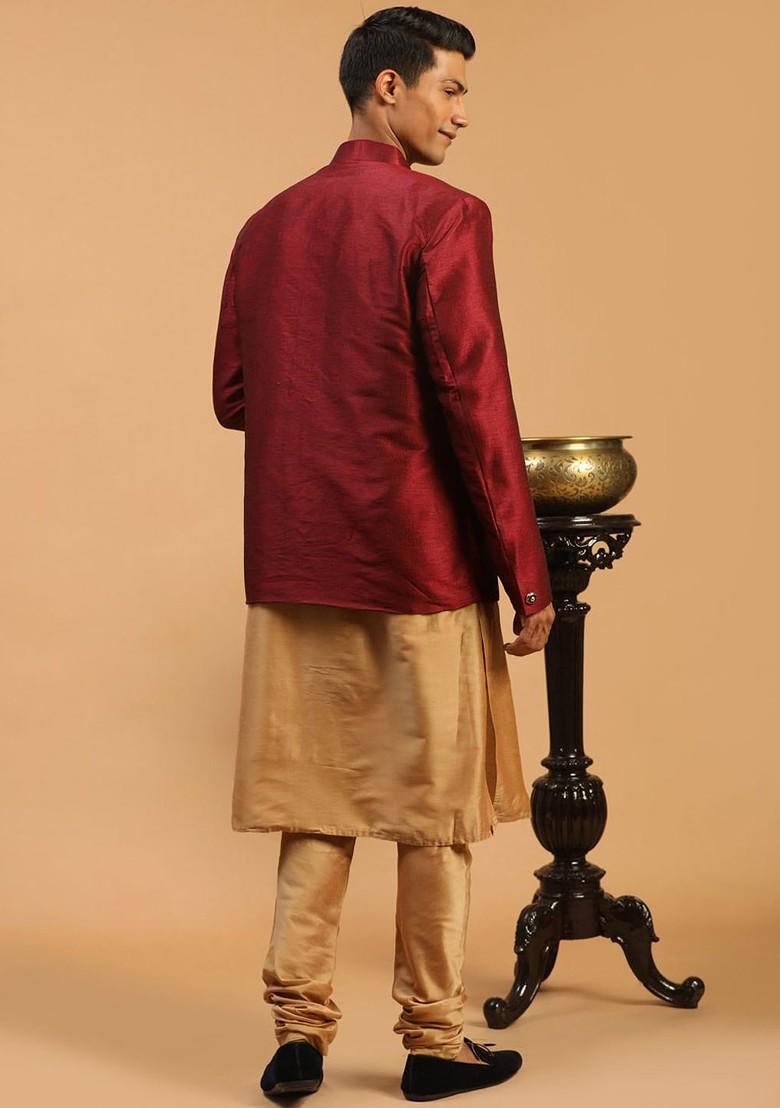 Rose Gold Solid Poly Blend Kurta Set For Men