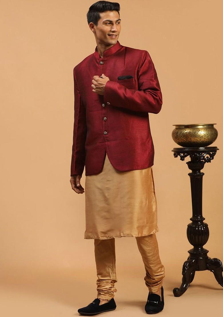 Rose Gold Solid Poly Blend Kurta Set For Men