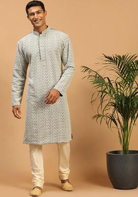 Grey Embroidered Poly Blend Kurta Set For Men
