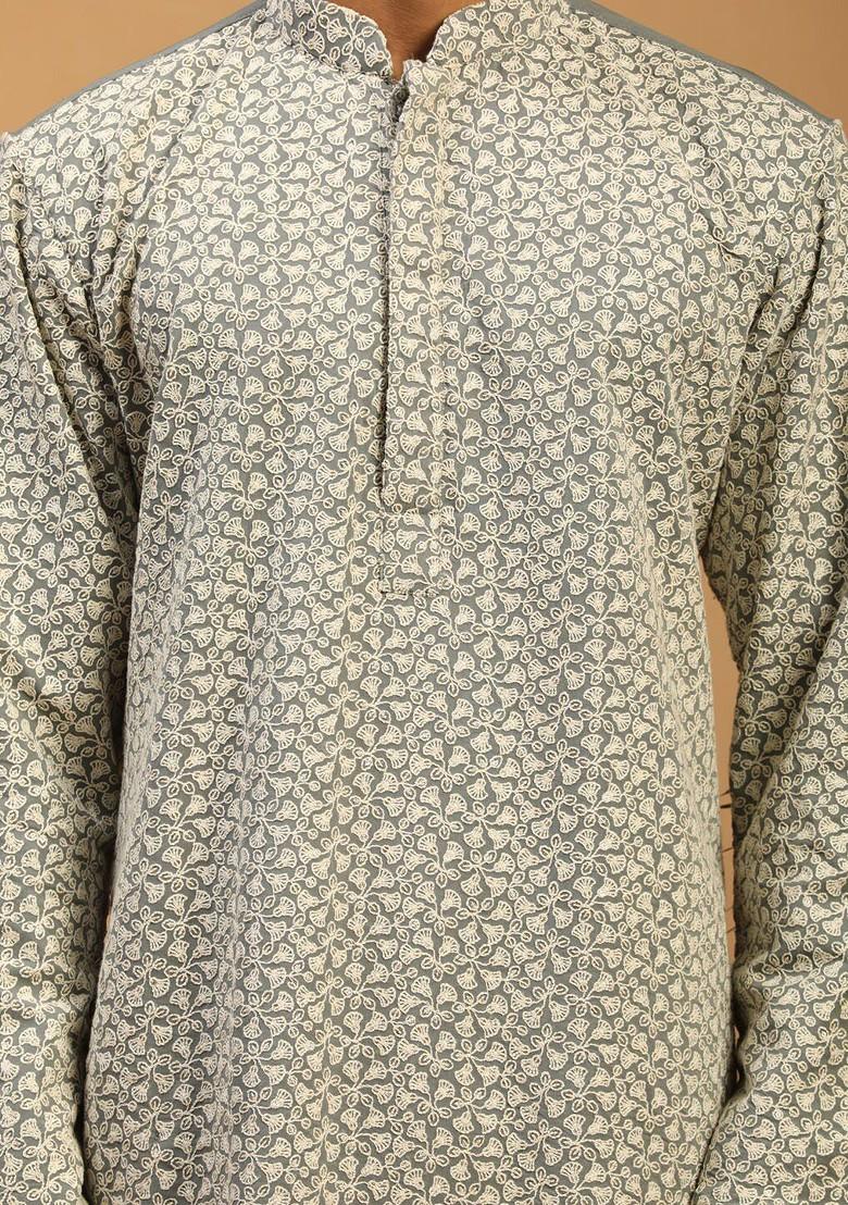 Grey Embroidered Poly Blend Kurta Set For Men