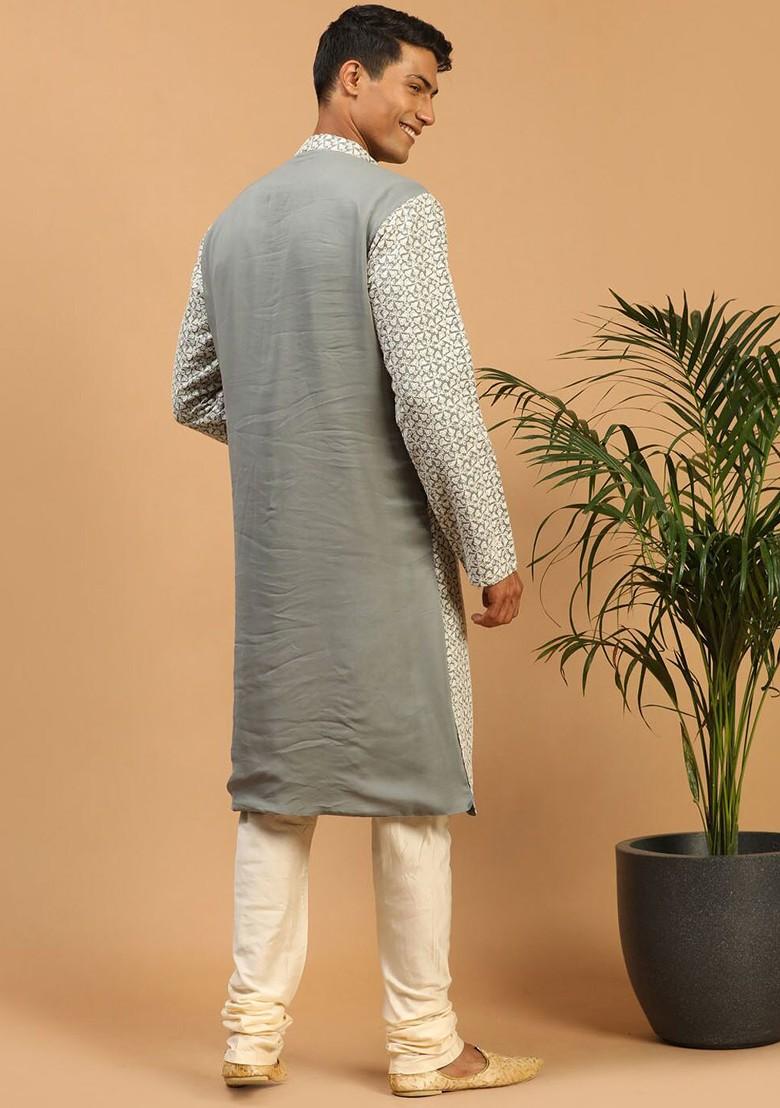 Grey Embroidered Poly Blend Kurta Set For Men