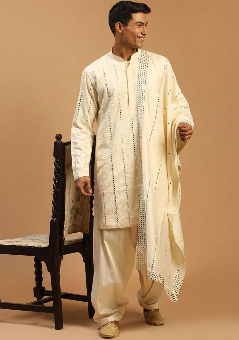 Cream Mirror Work Poly Blend Kurta Set For Men - Indya
