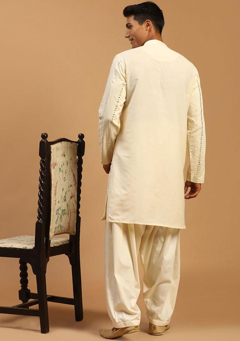 Cream Mirror Work Poly Blend Kurta Set For Men