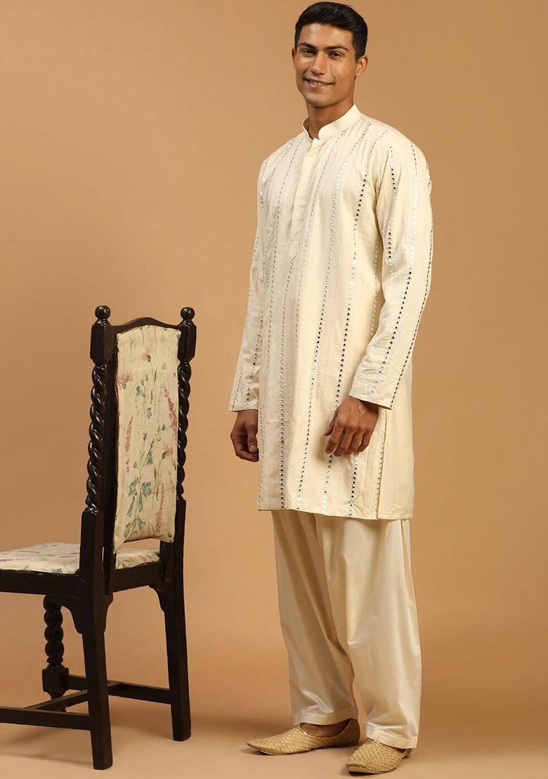 Cream Embroidered Poly Blend Kurta Set For Men