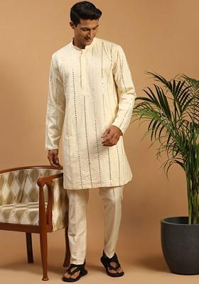 Cream Embroidered Poly Blend Kurta Set For Men