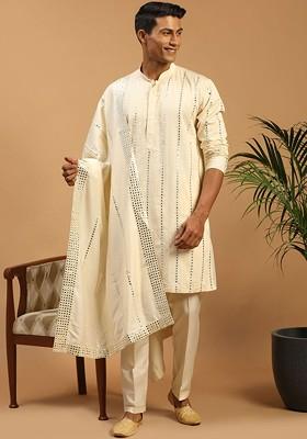 Cream Embroidered Poly Blend Kurta Set For Men