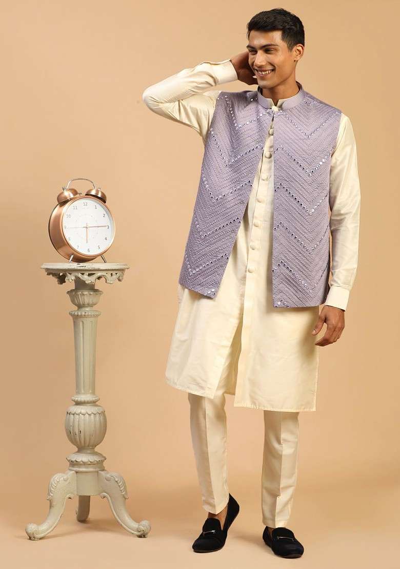 Cream Embroidered Poly Blend Kurta Set For Men - Indya