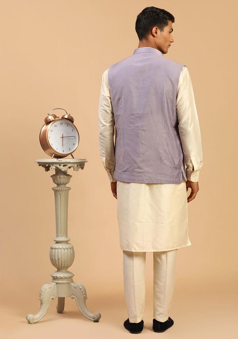 Cream Embroidered Poly Blend Kurta Set For Men