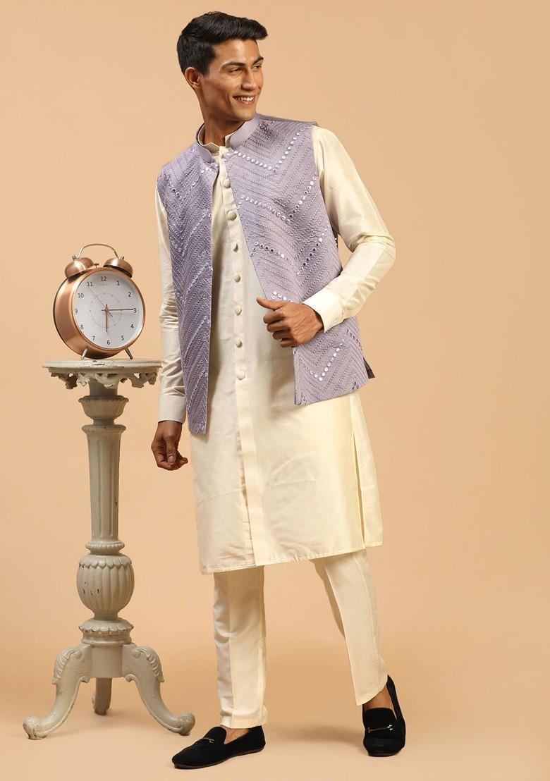 Cream Embroidered Poly Blend Kurta Set For Men