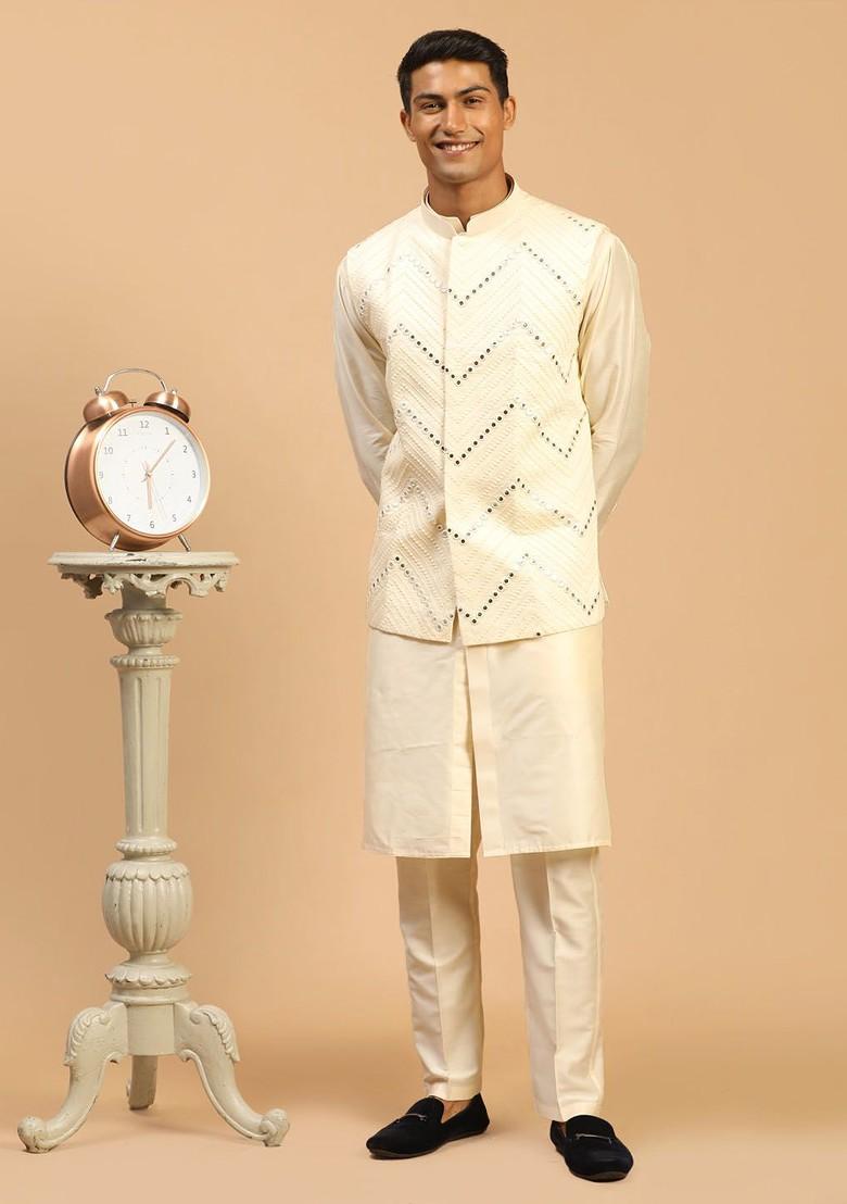 Cream Embroidered Poly Blend Kurta Set For Men