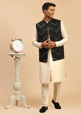 Cream Embroidered Poly Blend Kurta Set For Men
