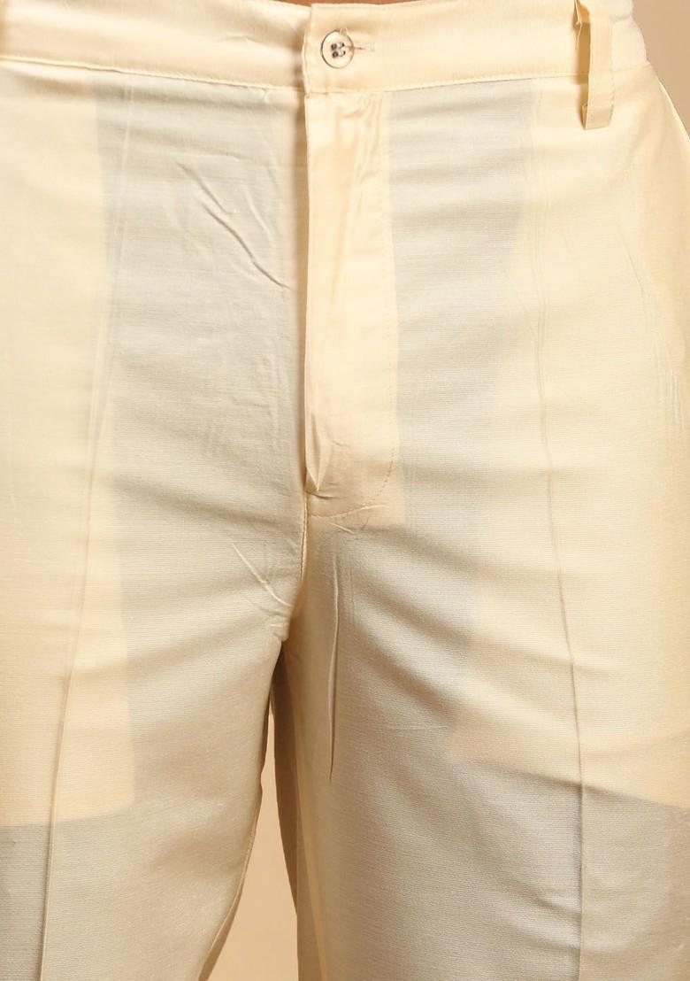 Cream Embroidered Poly Blend Kurta Set For Men