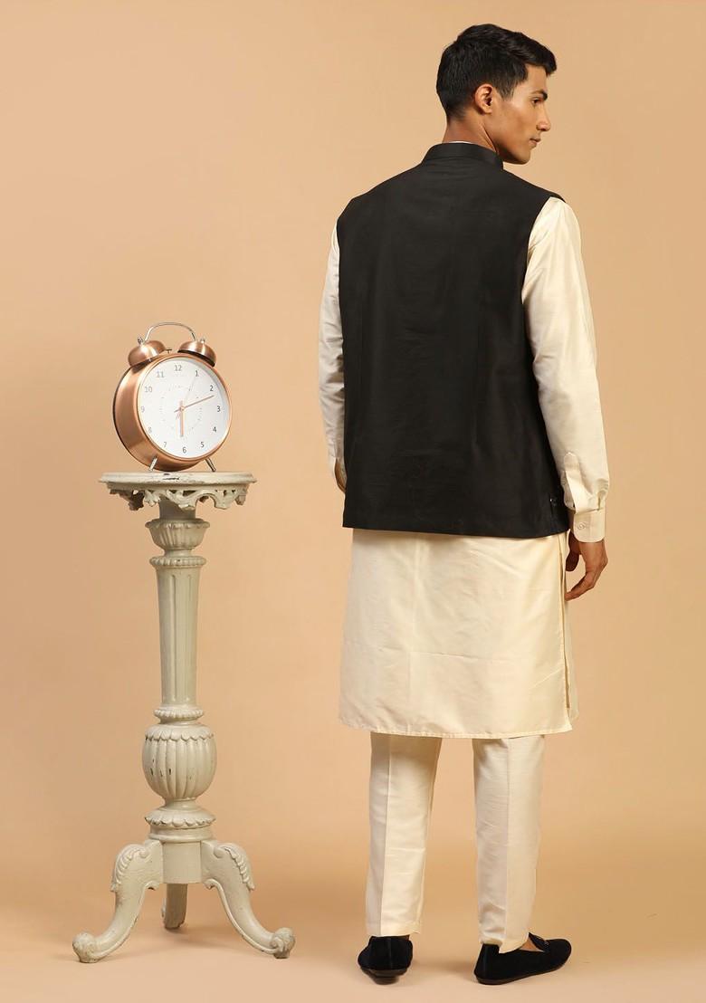 Cream Embroidered Poly Blend Kurta Set For Men