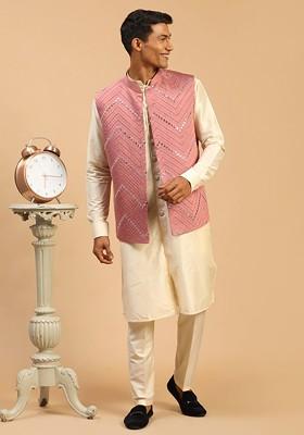 Cream Embroidered Poly Blend Kurta Set For Men