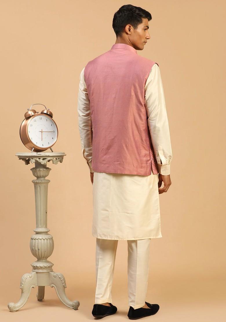 Cream Embroidered Poly Blend Kurta Set For Men