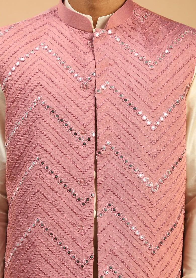 Cream Embroidered Poly Blend Kurta Set For Men