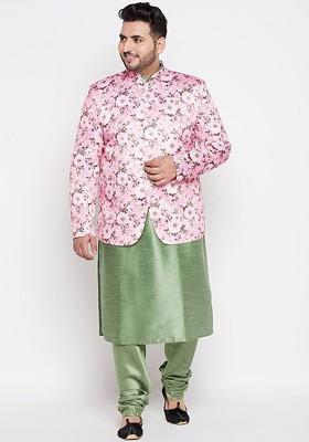 Green Floral Print Poly Blend Kurta Set For Men
