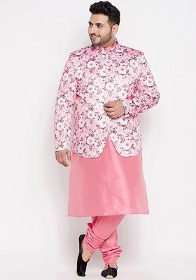 Pink Floral Print Poly Blend Kurta Set For Men