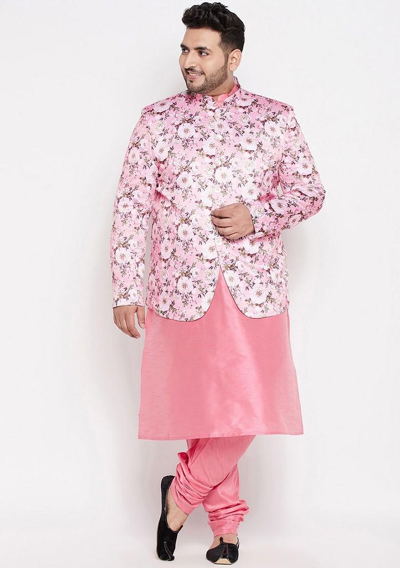 Pink Floral Print Poly Blend Kurta Set For Men