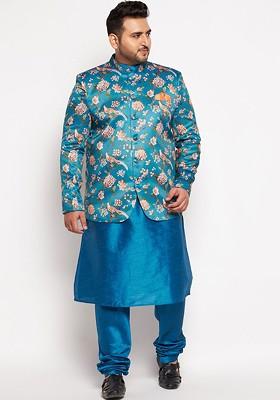 Turquoise Blue Solid Poly Blend Kurta Set For Men