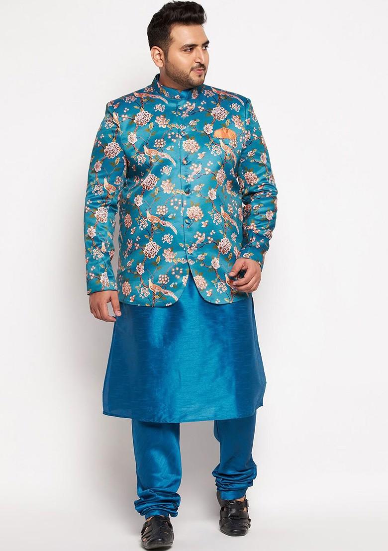 Turquoise Blue Solid Poly Blend Kurta Set For Men