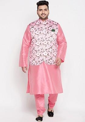 Pink Floral Print Poly Blend Kurta Set For Men