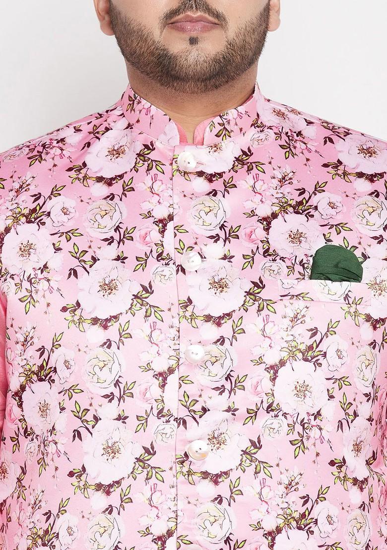 Pink Floral Print Poly Blend Kurta Set For Men