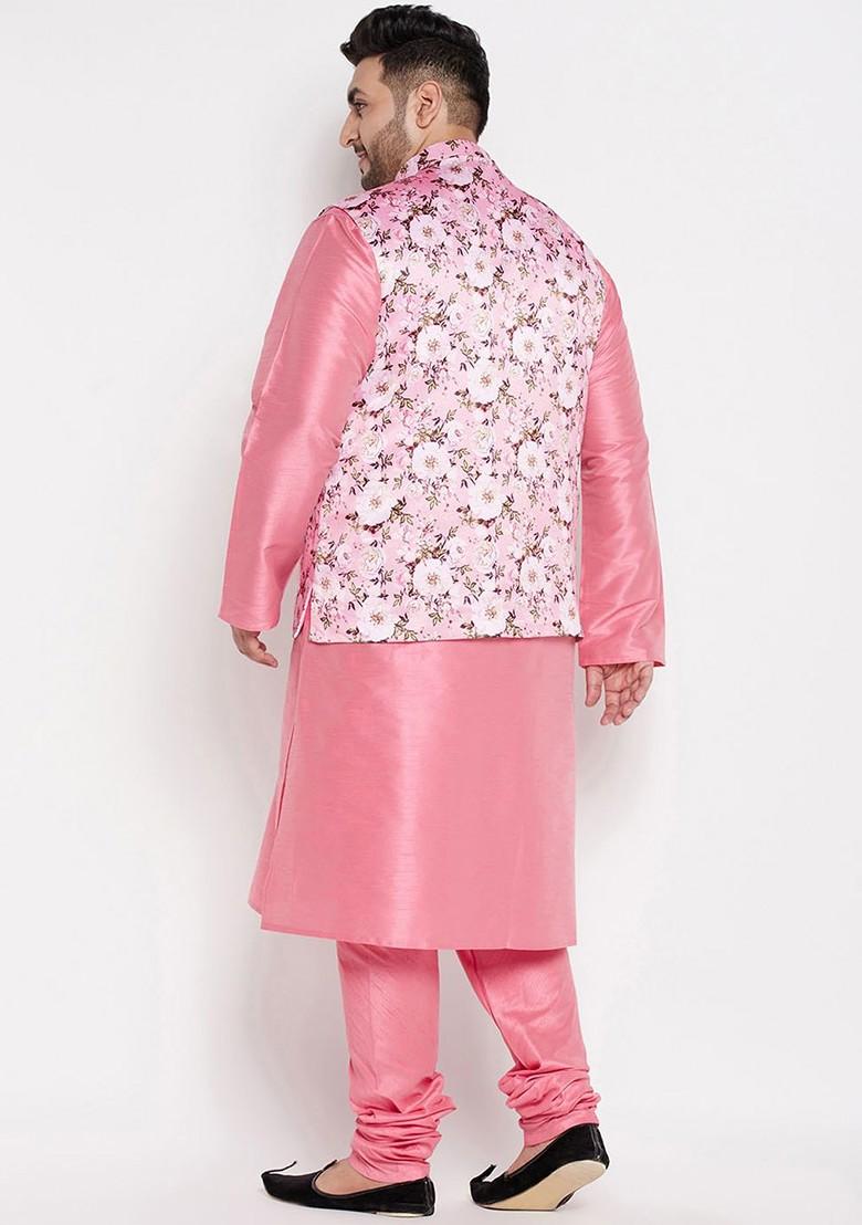Pink Floral Print Poly Blend Kurta Set For Men