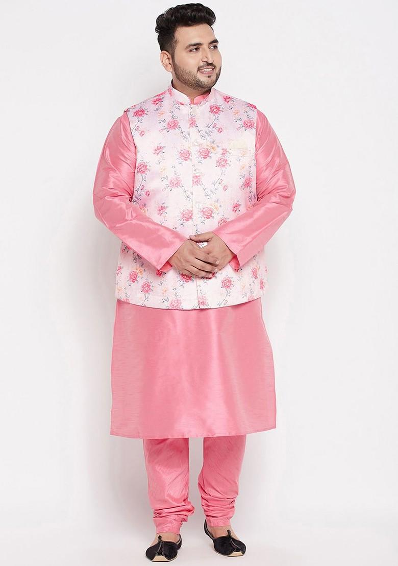 Pink Floral Print Poly Blend Kurta Set For Men