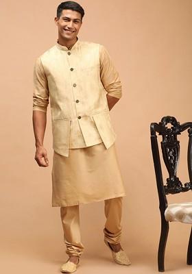 Rose Gold Woven Poly Blend Kurta Set For Men