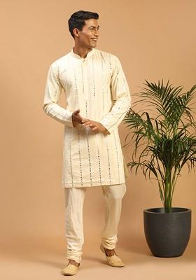 Cream Embroidered Poly Blend Kurta Set For Men