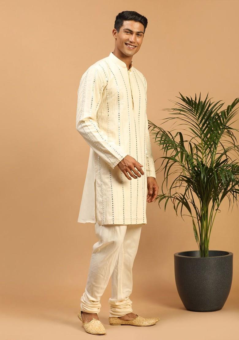 Cream Embroidered Poly Blend Kurta Set For Men