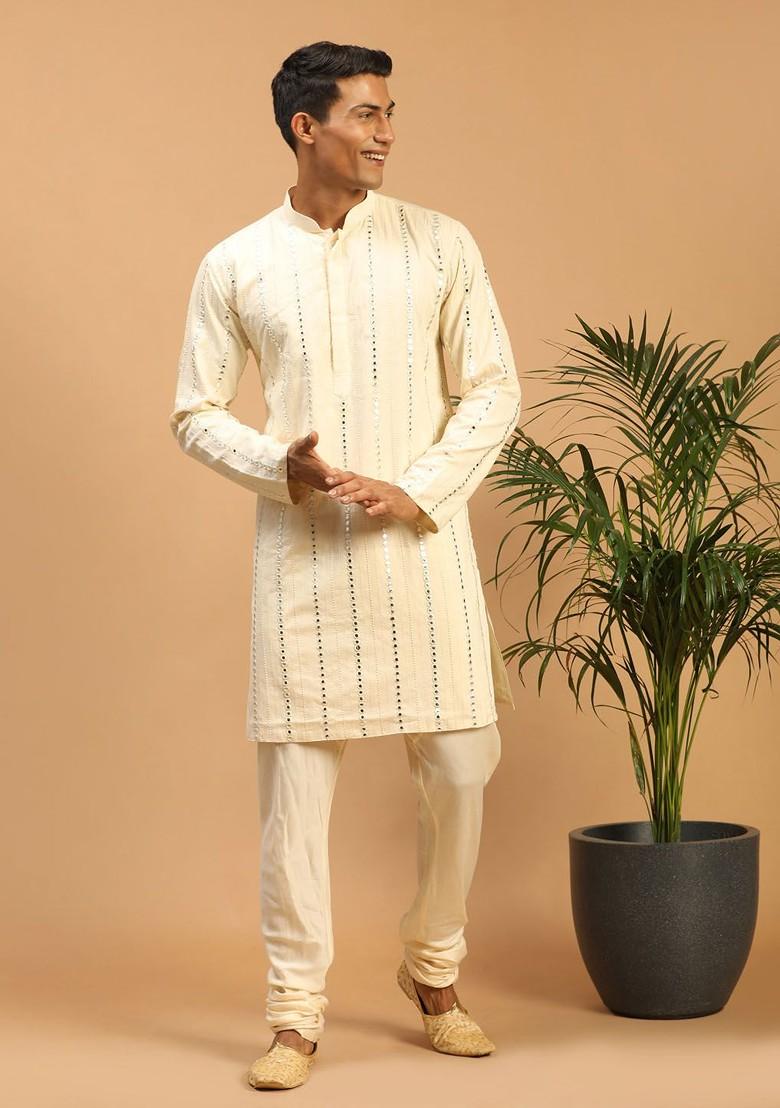 Cream Embroidered Poly Blend Kurta Set For Men