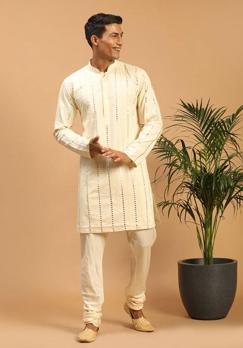 Cream Embroidered Poly Blend Kurta Set For Men — view on Indya