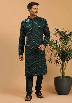Green Embroidered Poly Blend Kurta Set For Men