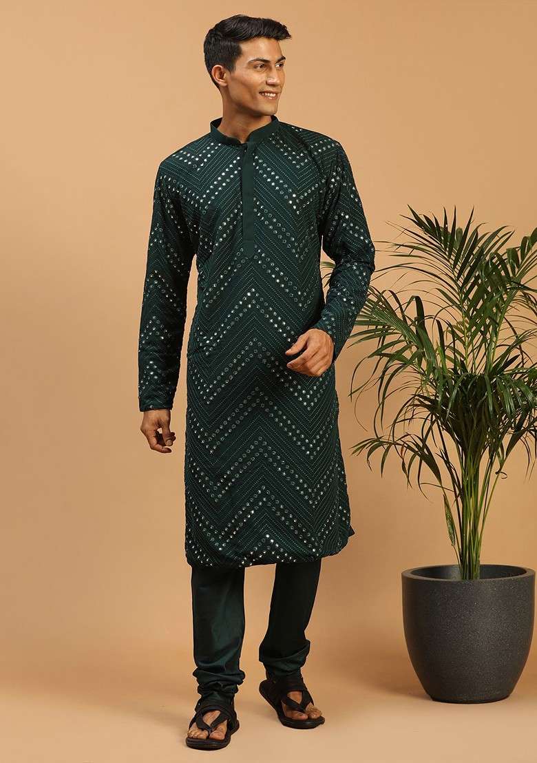 Green Embroidered Poly Blend Kurta Set For Men - Indya
