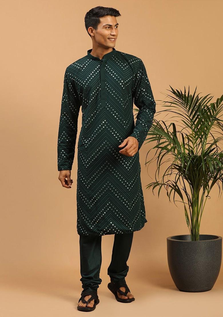 Green Embroidered Poly Blend Kurta Set For Men