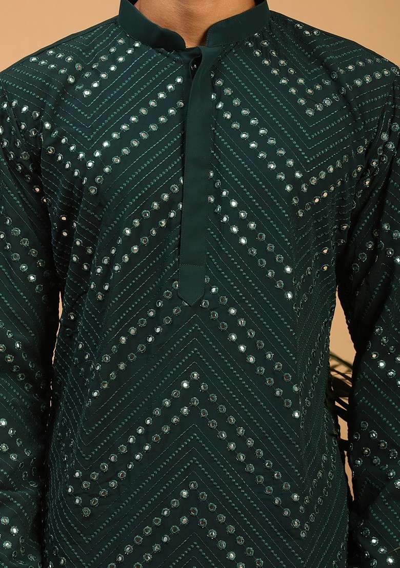 Green Embroidered Poly Blend Kurta Set For Men - Indya