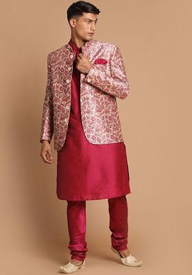 Fuchsia Pink Solid Silk Kurta Set For Men