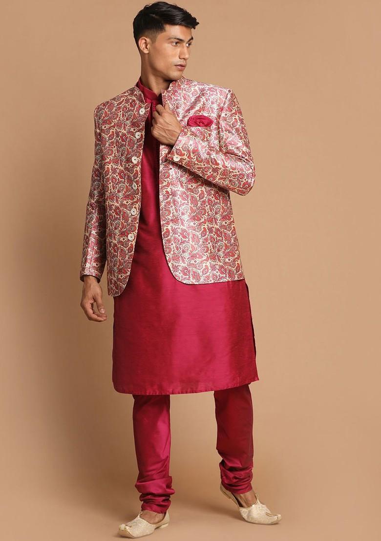 Fuchsia Pink Solid Silk Kurta Set For Men