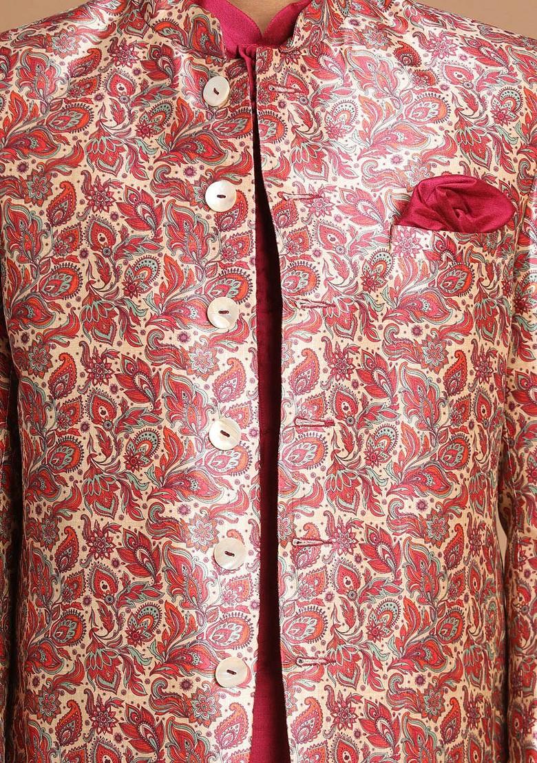 Fuchsia Pink Solid Silk Kurta Set For Men