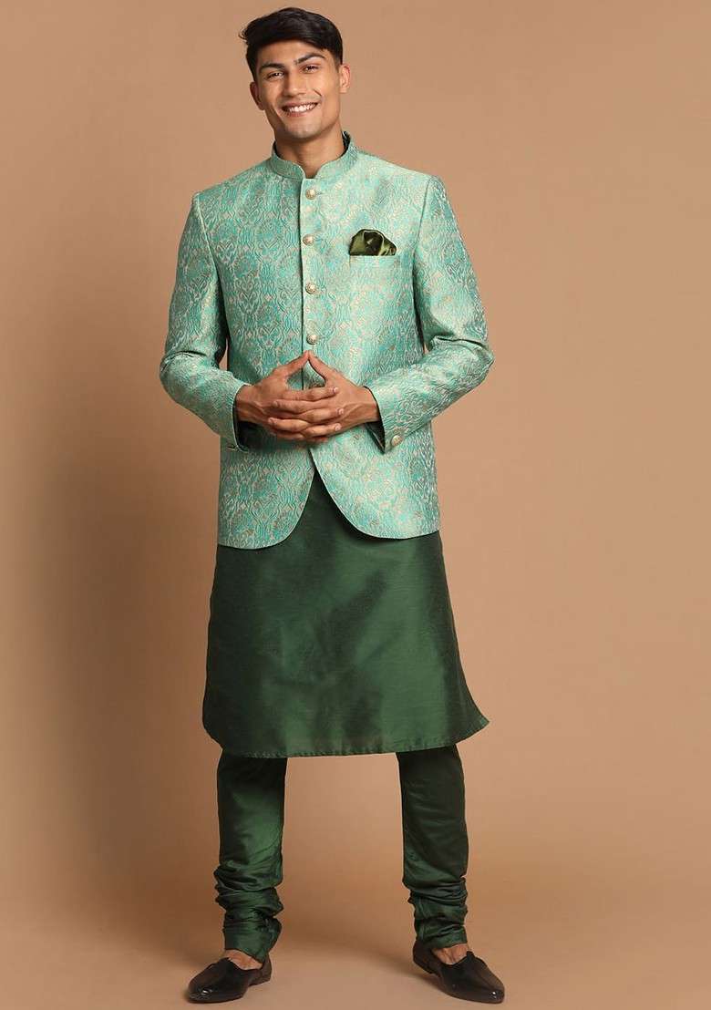 Green Solid Poly Blend Kurta Set For Men - Indya