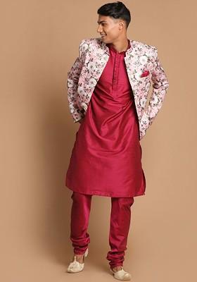 Fuchsia Pink Floral Print Poly Blend Kurta Set For Men